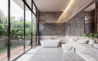 Modern luxury bathroom with tropical style garden view 3d render